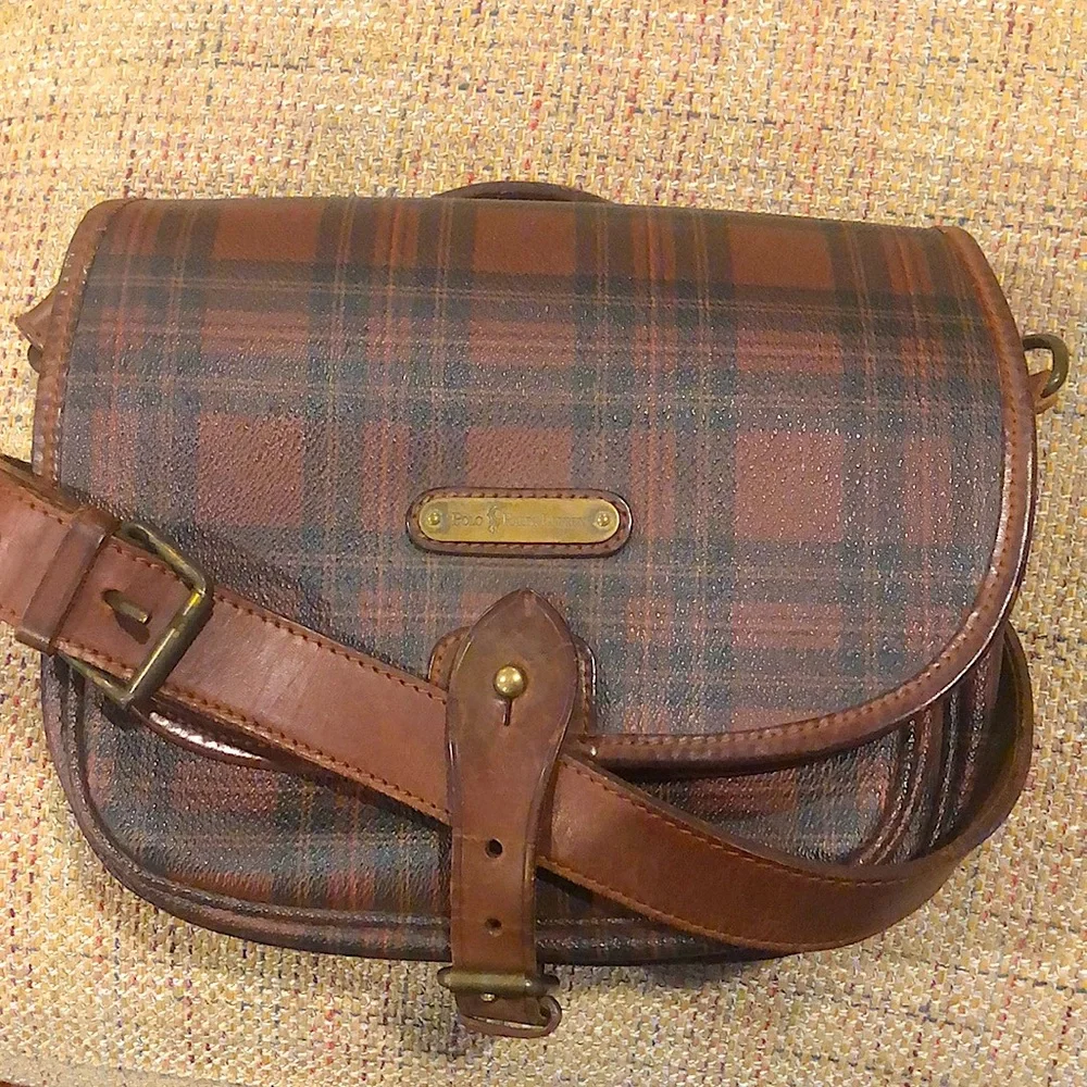 RALPH LAUREN Brown Tartan Plaid Multi Pocket Crossbody Messenger Saddle Bag